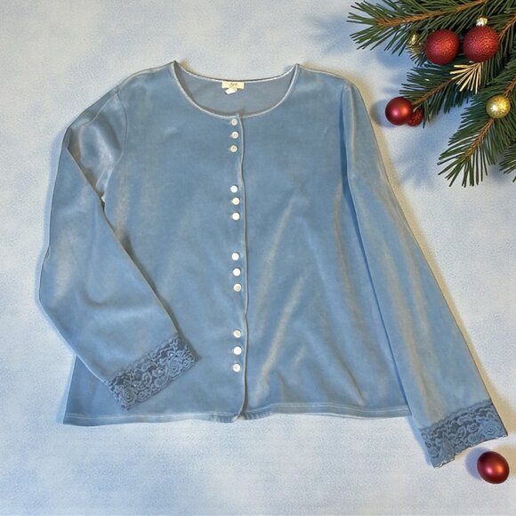 J Jill blue velour lace trim button up cardigan - Picture 1 of 10